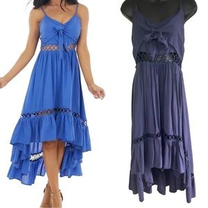 New Feeling Navy Blue Crochet Cutout Ruffle Hem High-Low Dress Size M